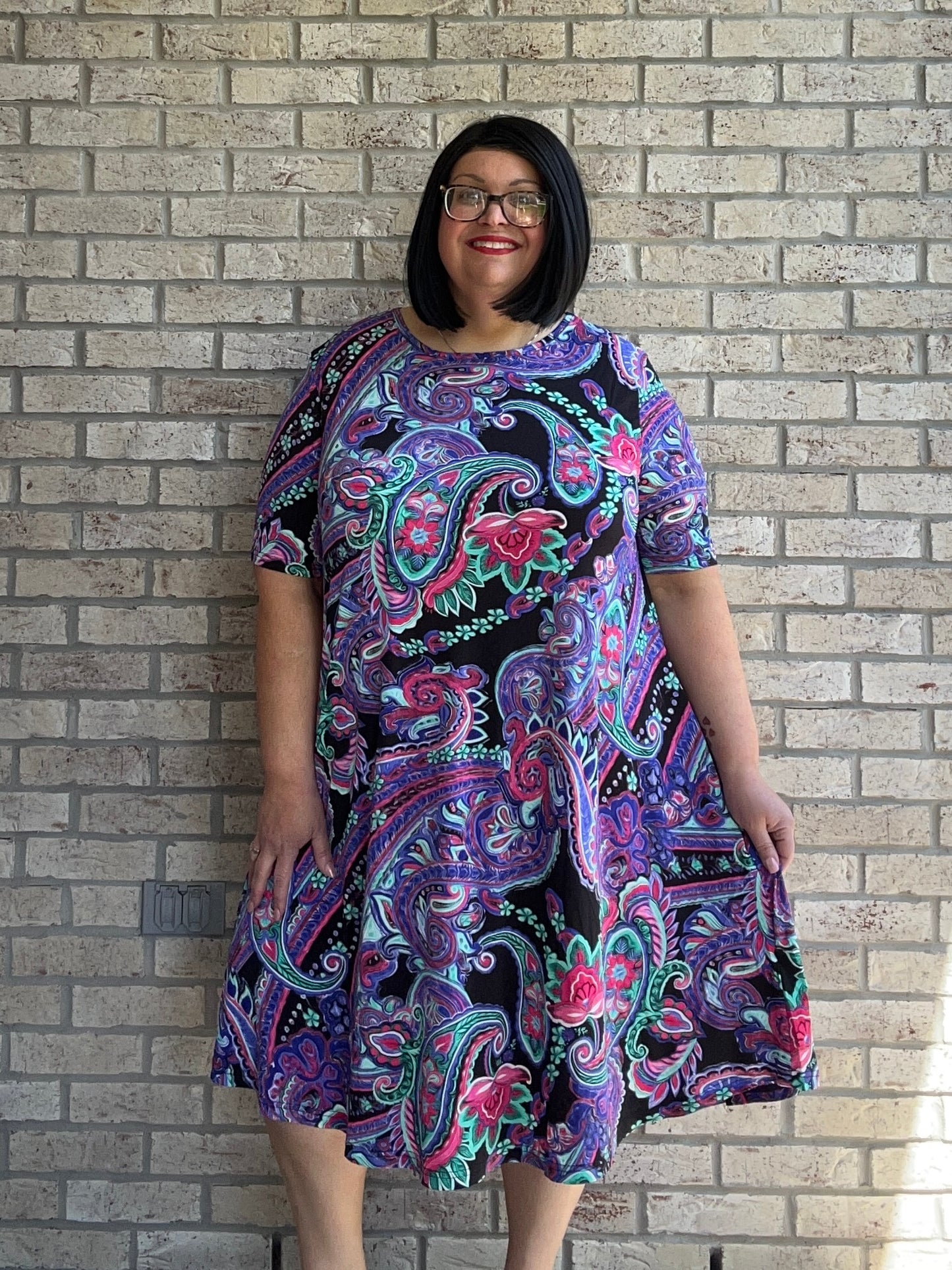 Claudine purple black print short sleeve dress with pockets 18