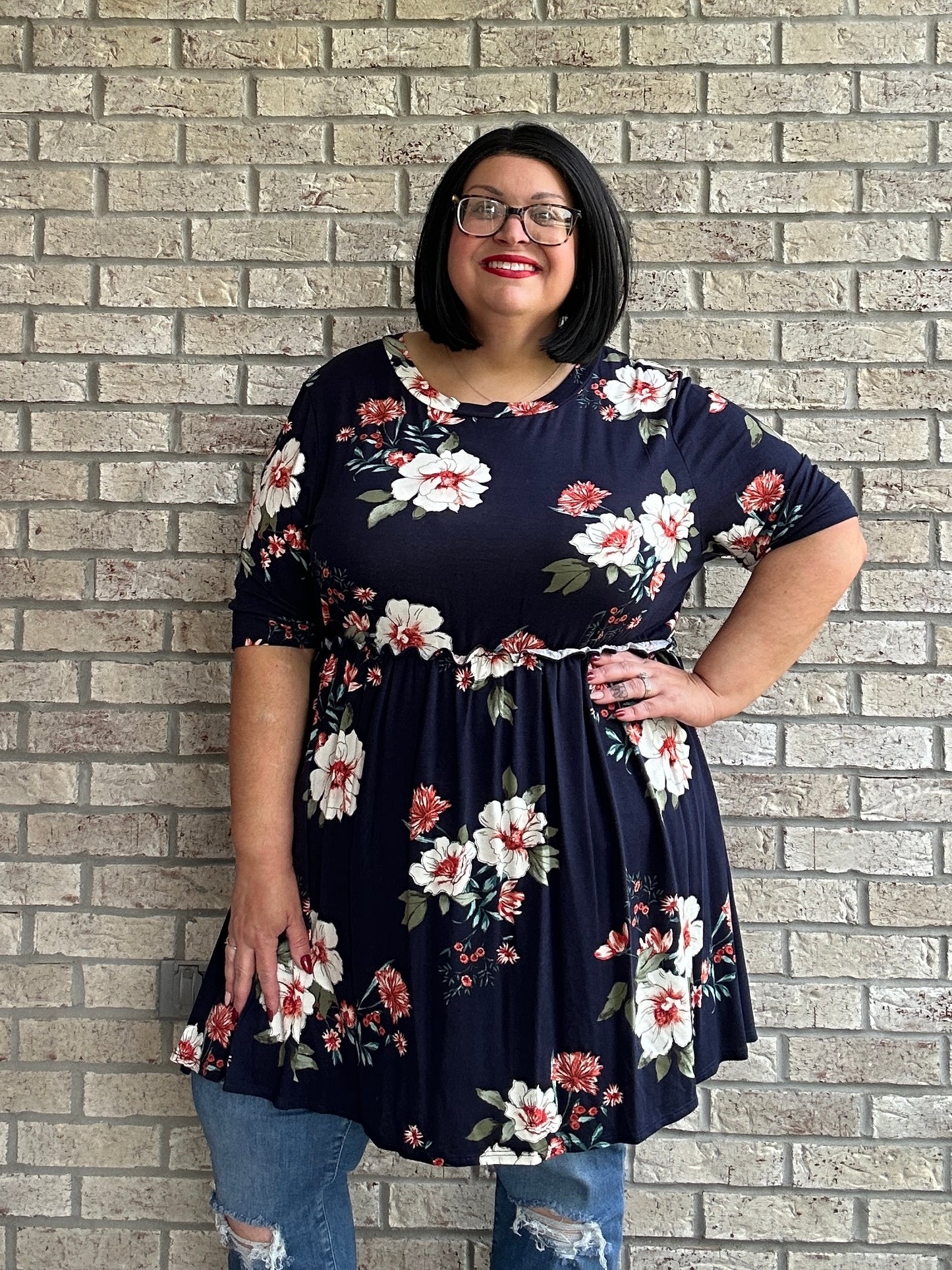 Joellene navy floral short sleeve babydoll top