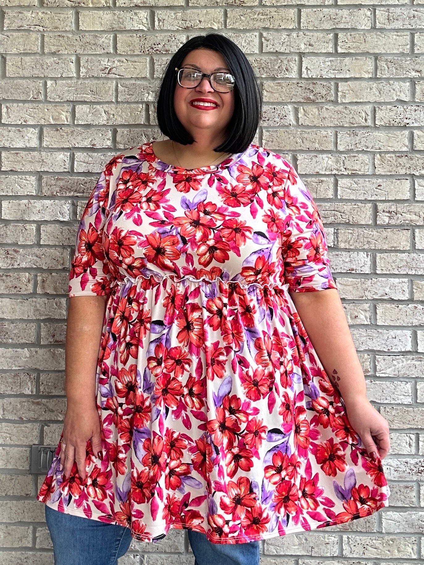Joellene pink floral short sleeve babydoll top
