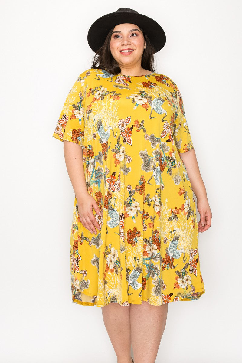 Carla yellow print short sleeve dress with pockets 9