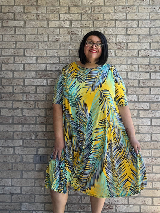 Claudine yellow print short sleeve dress with pockets 31