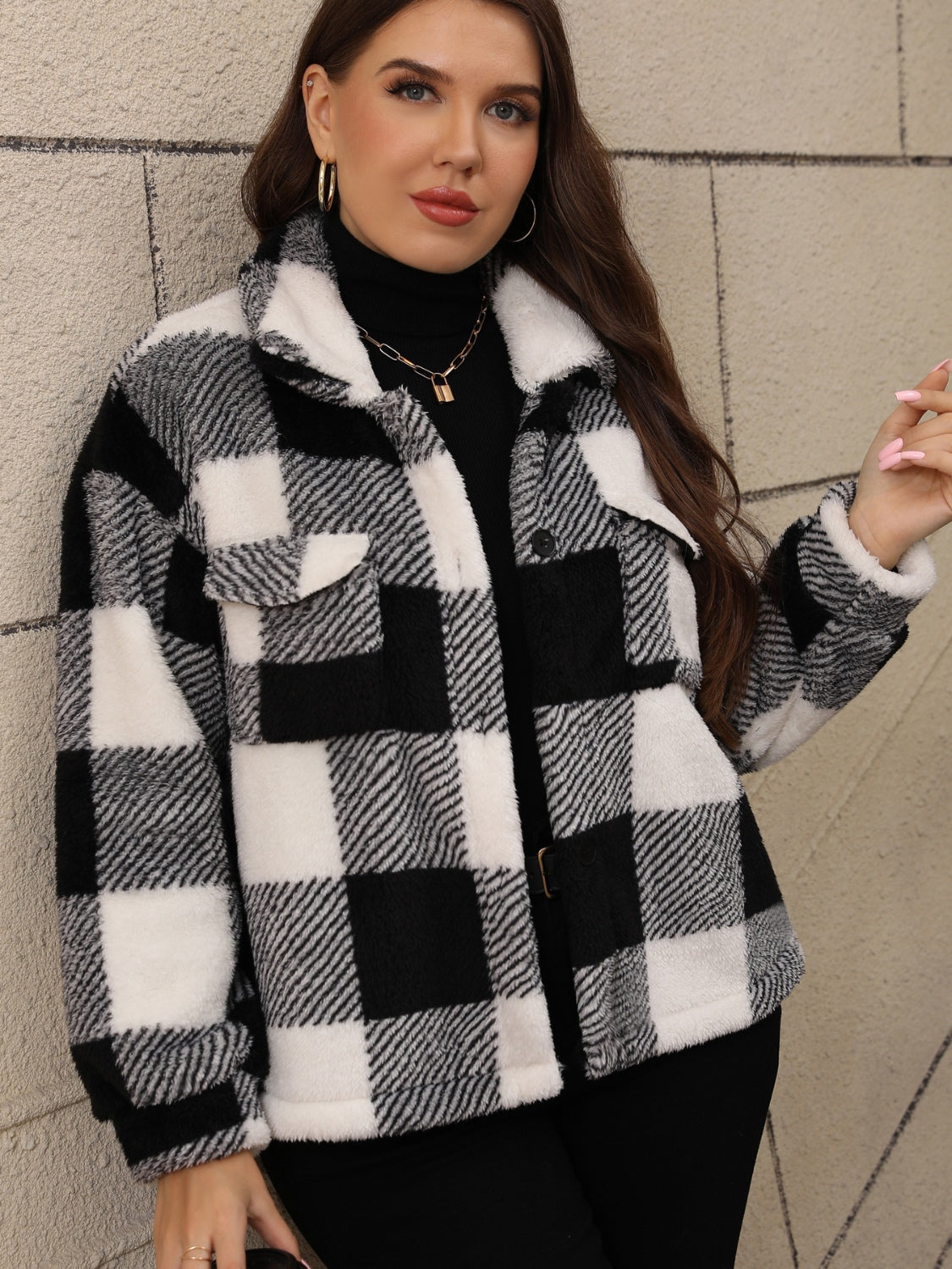 Pocketed Plaid Collared Neck Jacket