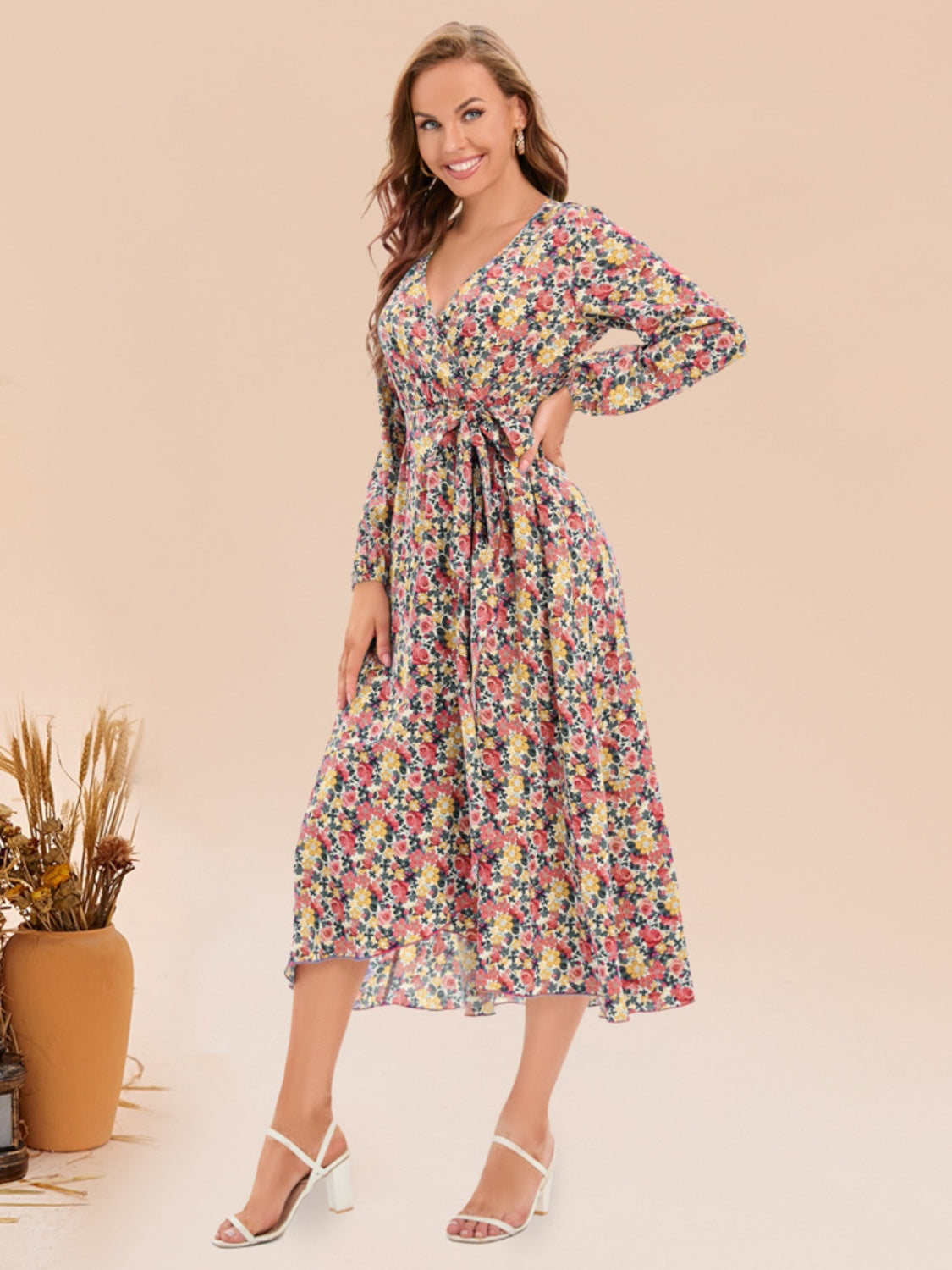 Printed Surplice Long Sleeve Dress