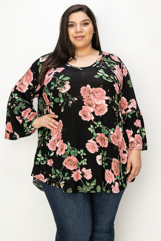 Kaylin black floral ruffle sleeve top