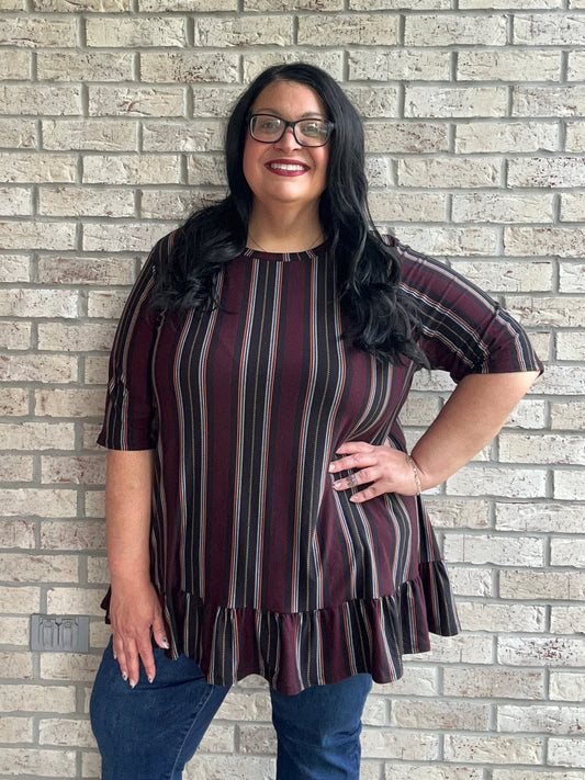 Tonya burgundy striped ruffle bottom top 3