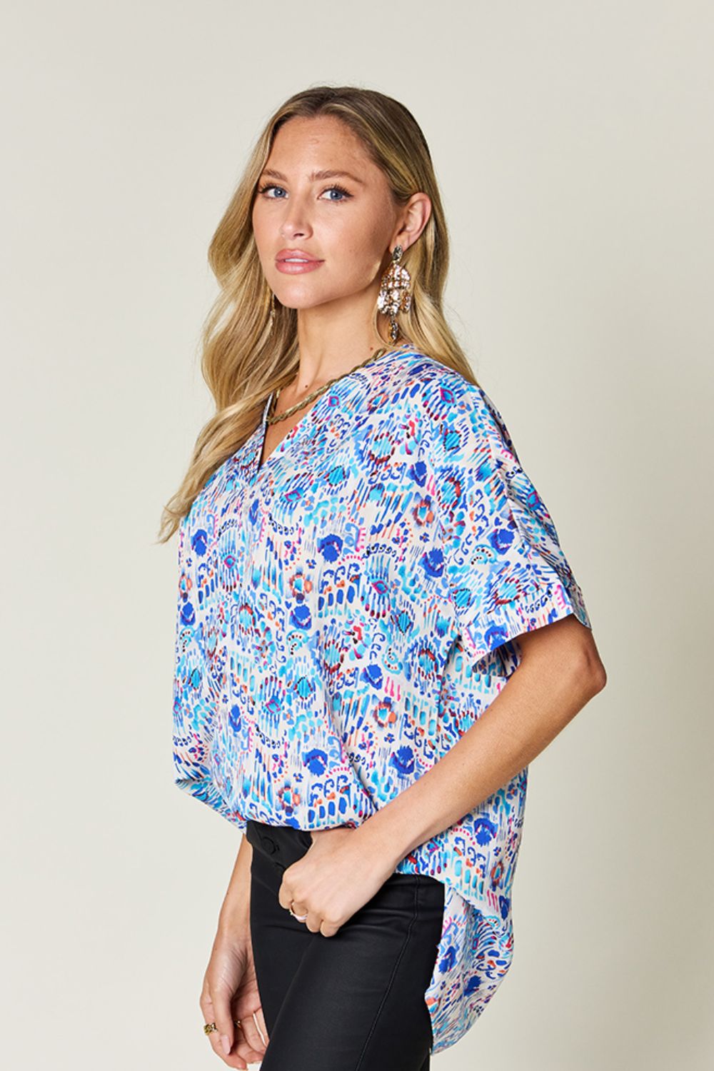 Double Take Printed V-Neck Short Sleeve Blouse