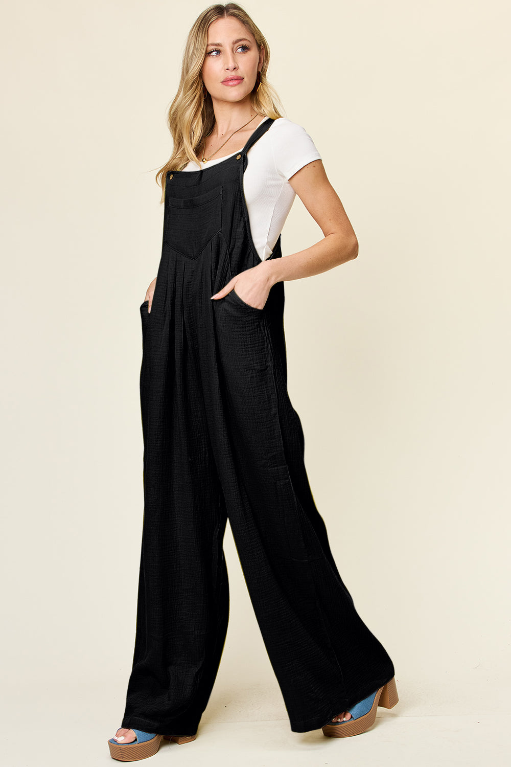 Double Take Texture Wide Strap Wide Leg Overall
