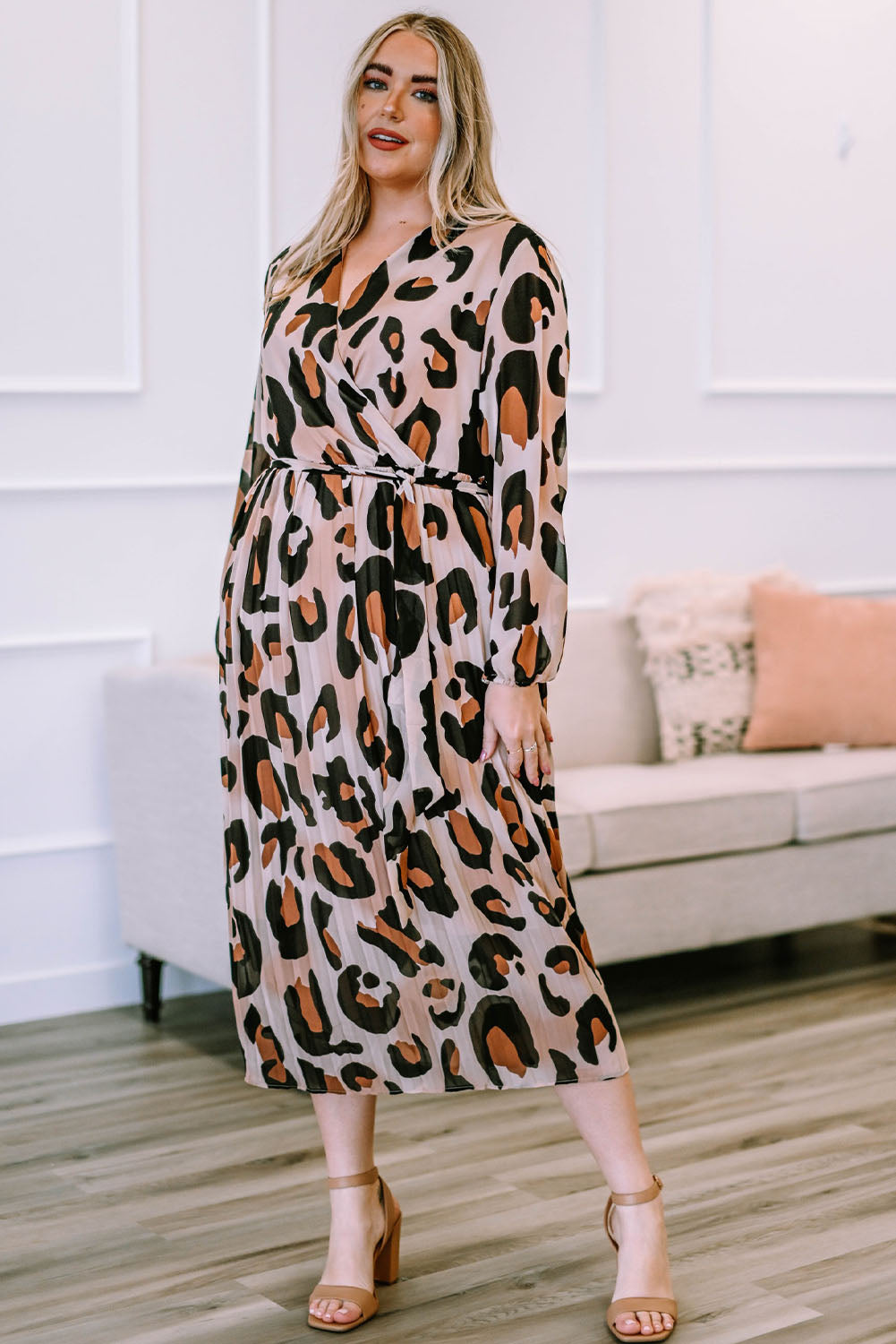Leopard Print Surplice Neck Long Sleeve Midi Dress