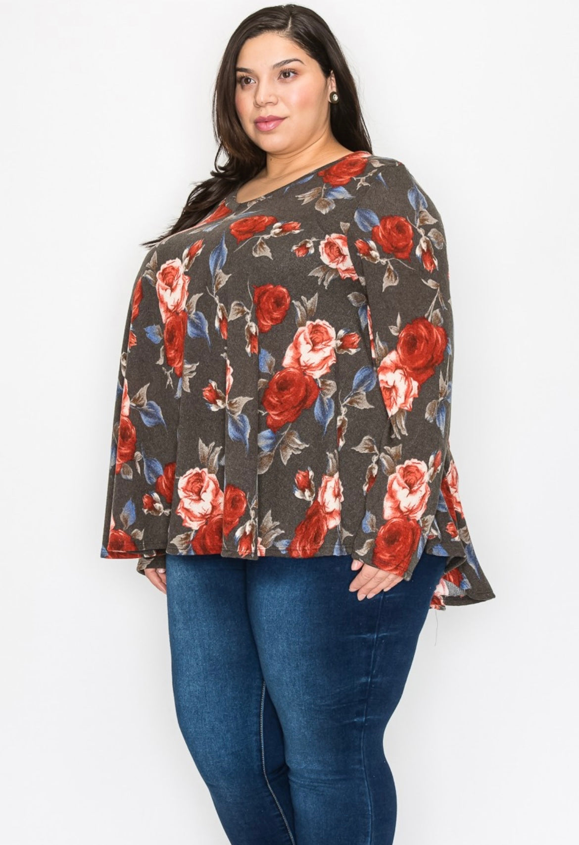 Joy gray red floral v neck swing top