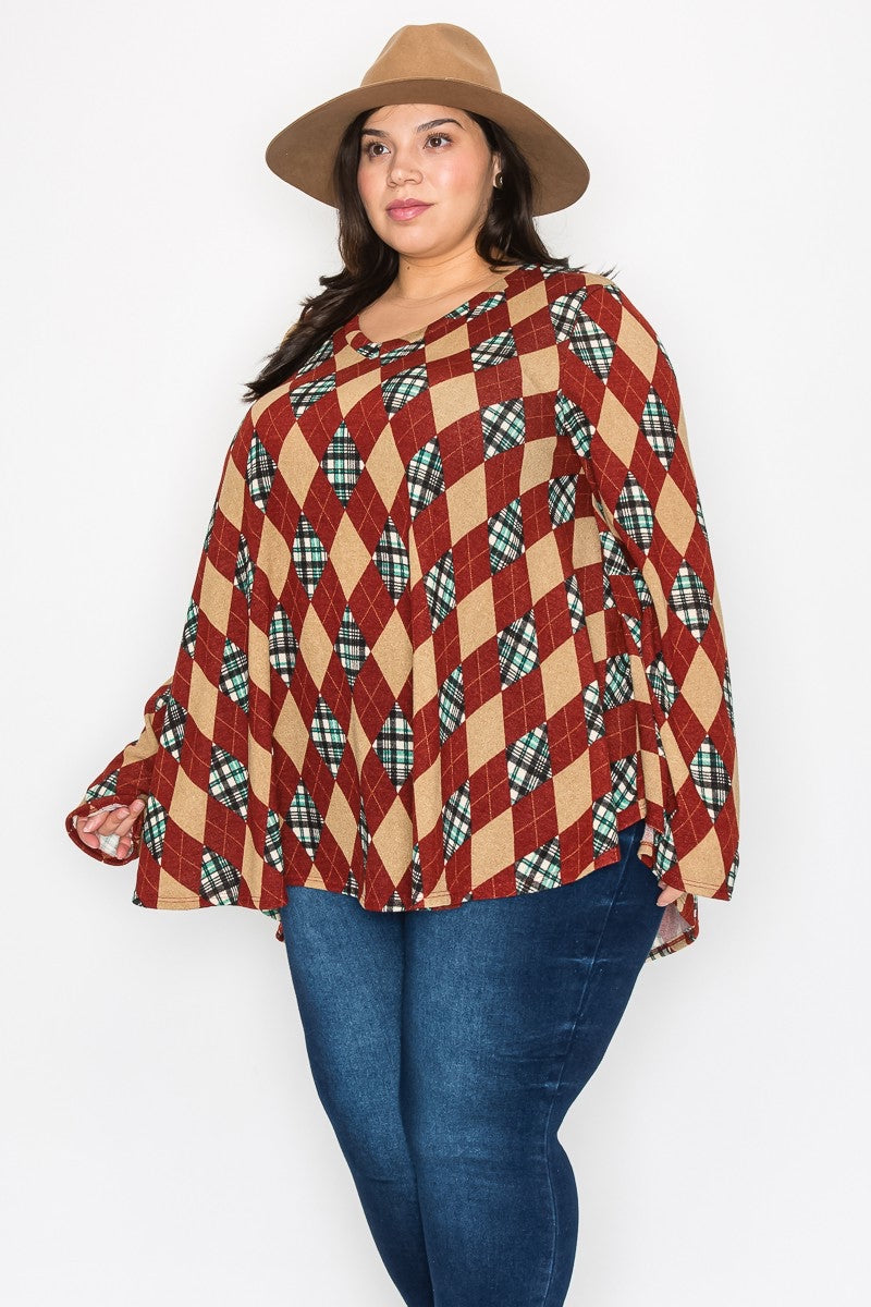 Joy tan plaid v neck swing top