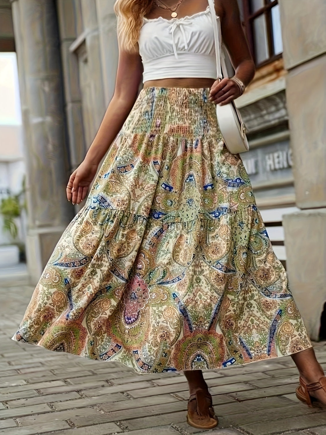 Tiered Smocked Printed High Waist Skirt