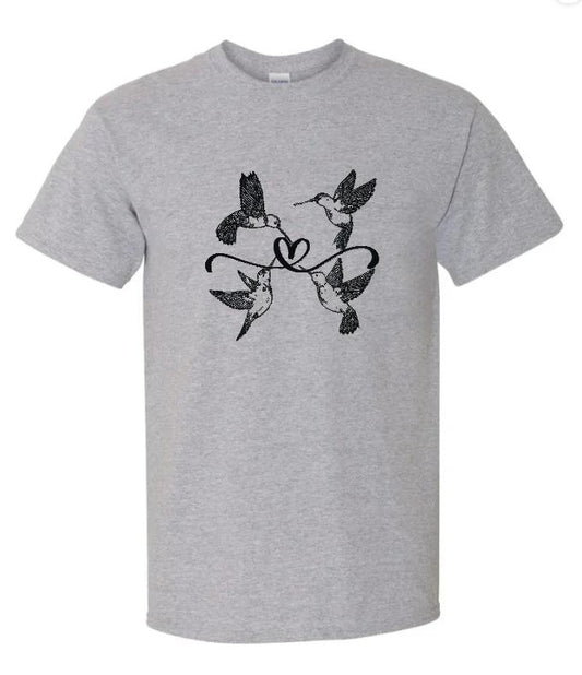 Hummingbirds with heart graphic tee shirt