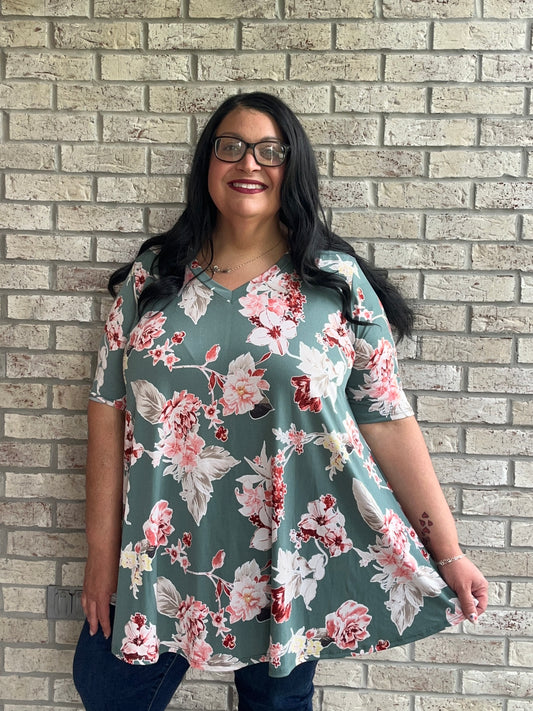 Claudia green floral print swing top