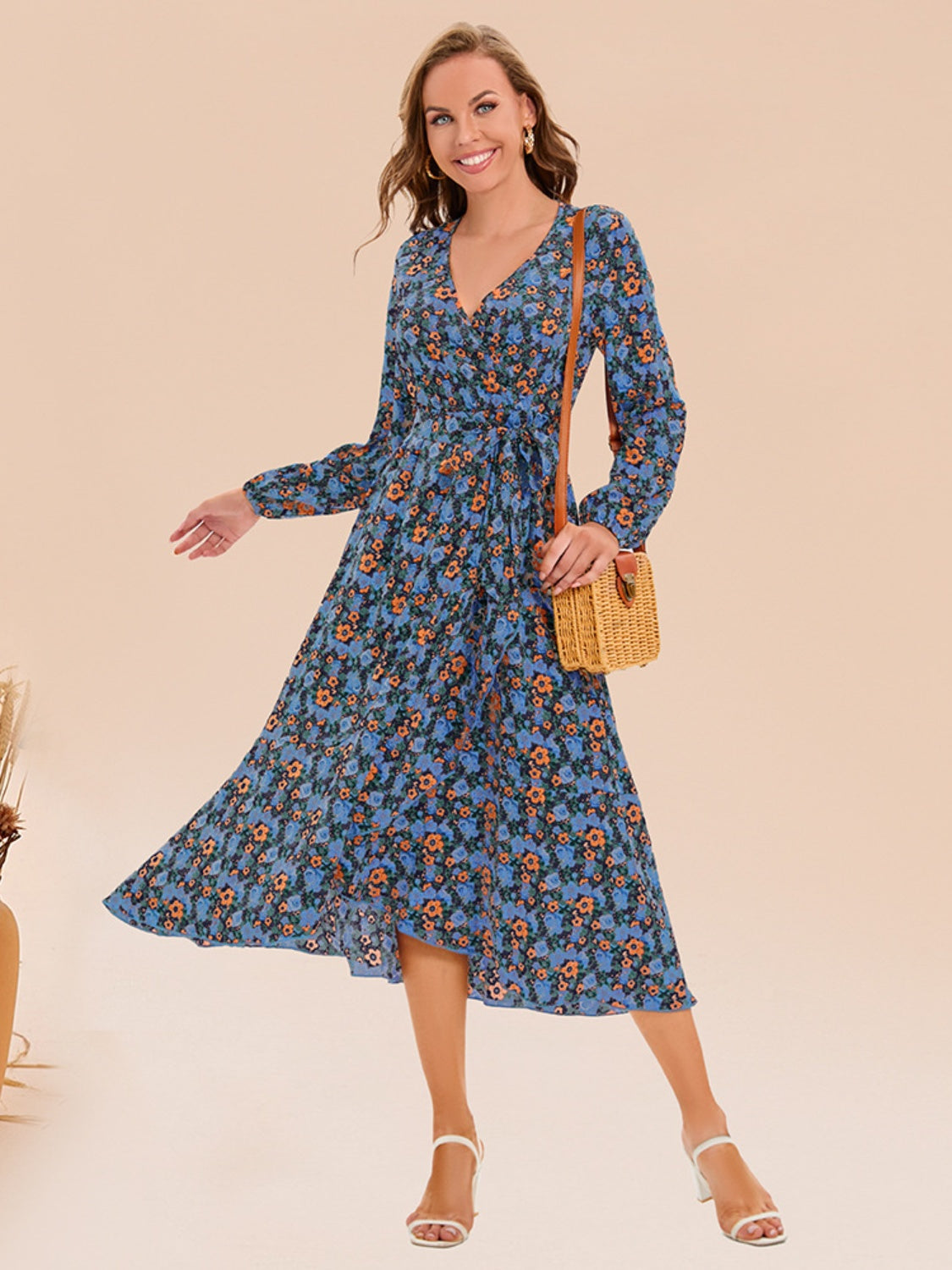 Printed Surplice Long Sleeve Dress