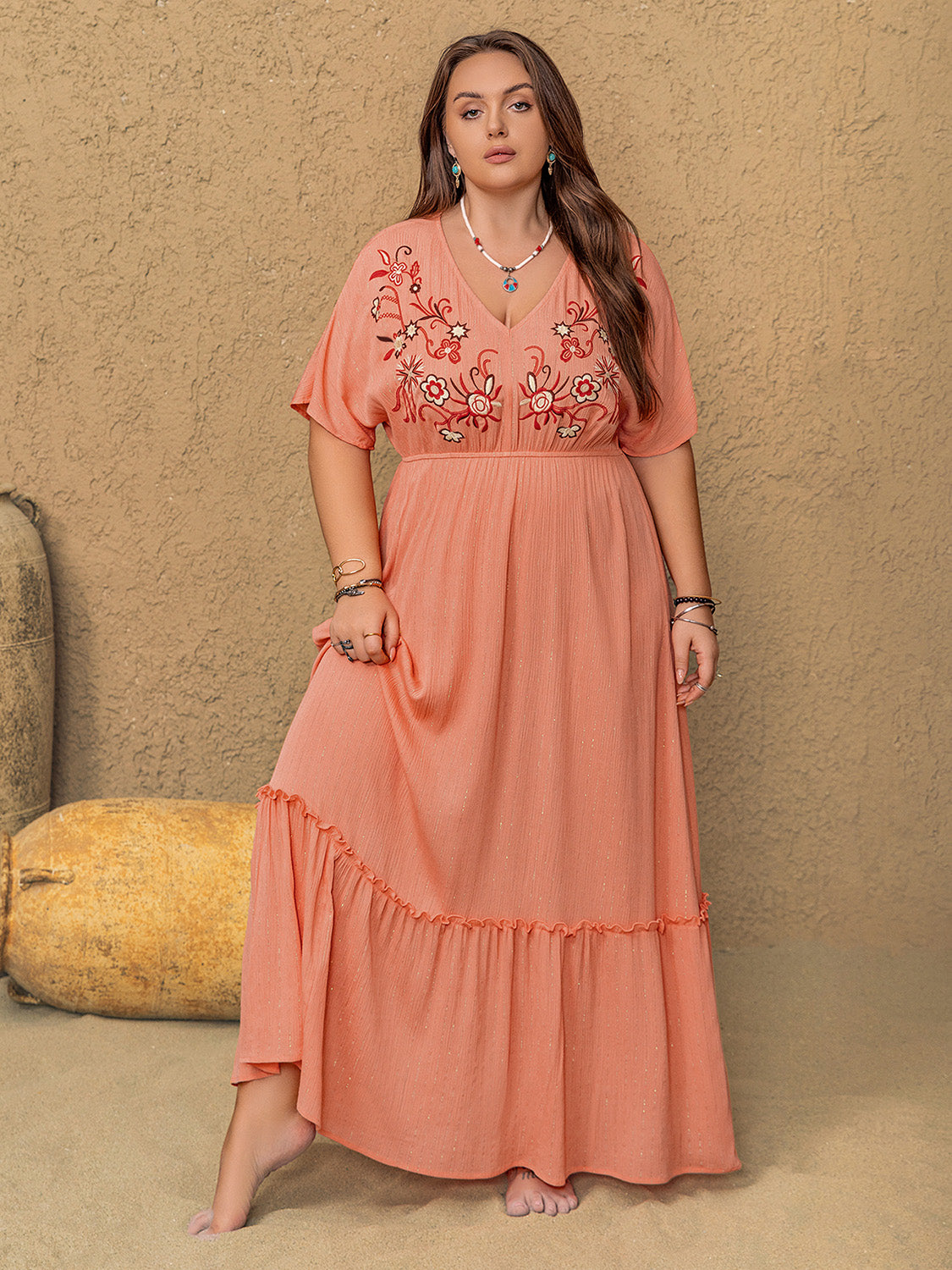 Frill Embroidered V-Neck Half Sleeve Maxi Dress