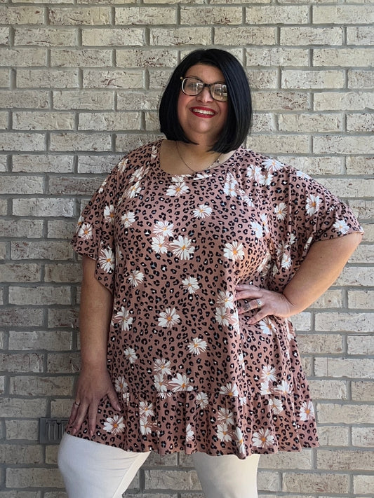 Tonya animal print floral print ruffle bottom top