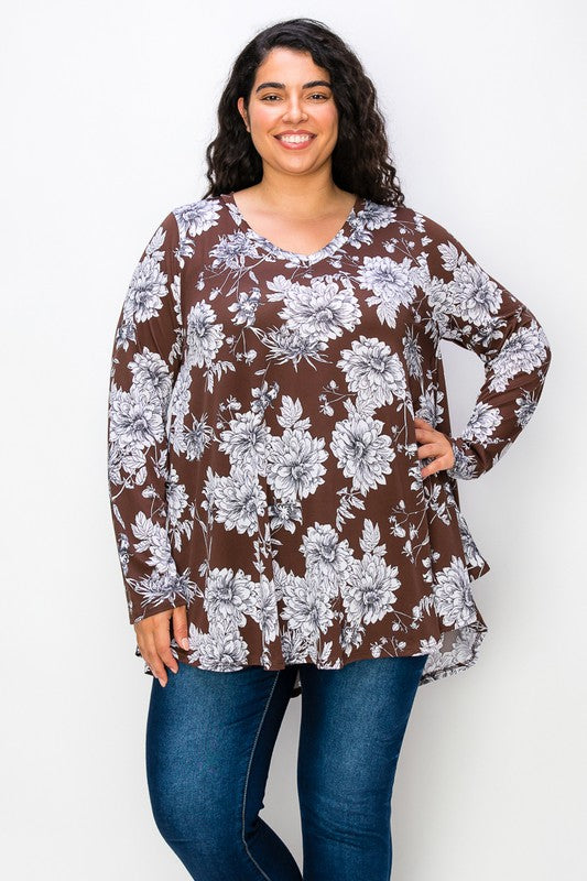 Naomi brown floral print long sleeve swing top