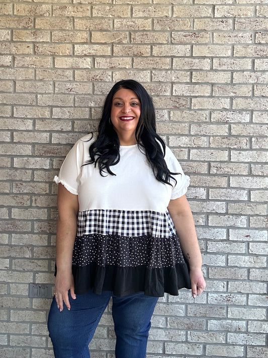 Plaid Color Block Tiered Blouse