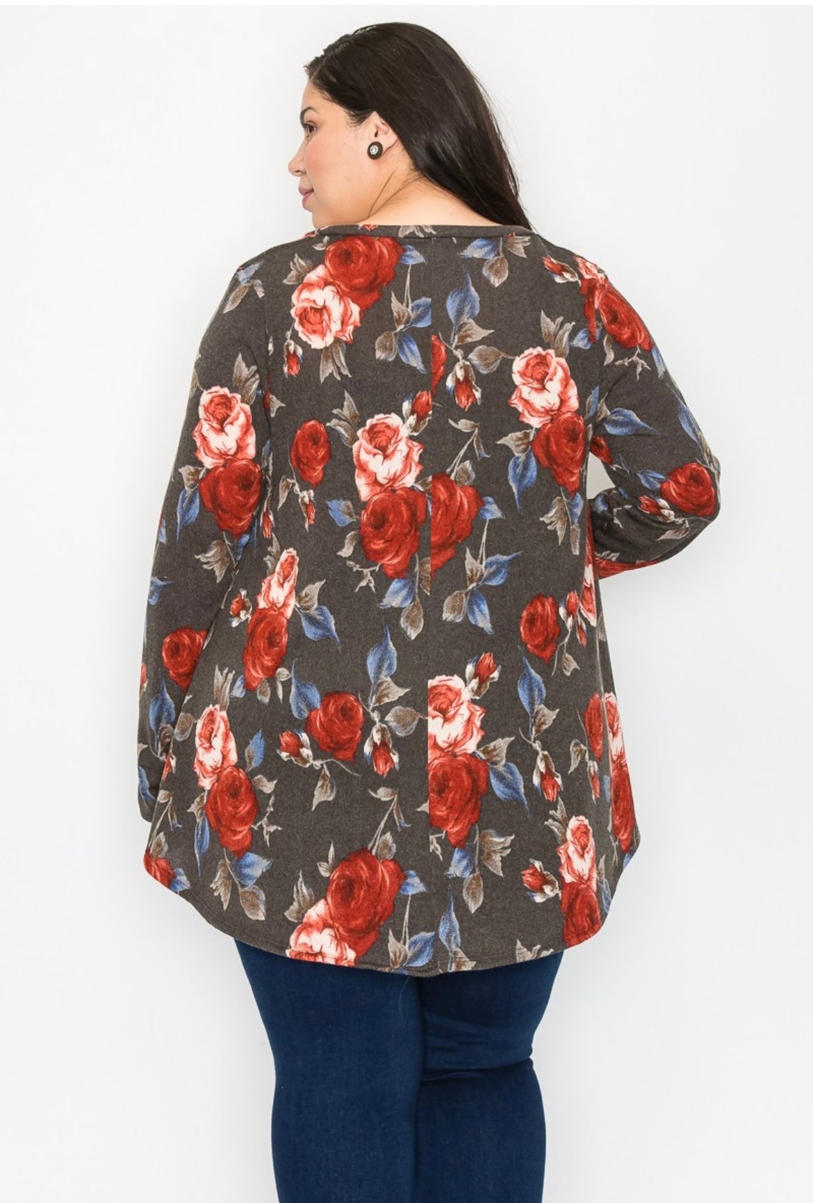 Joy gray red floral v neck swing top