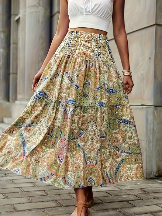 Tiered Smocked Printed High Waist Skirt