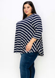 Alisha navy white striped swing top with 3/4 sleeves