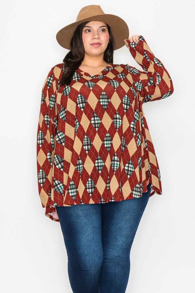 Joy tan plaid v neck swing top