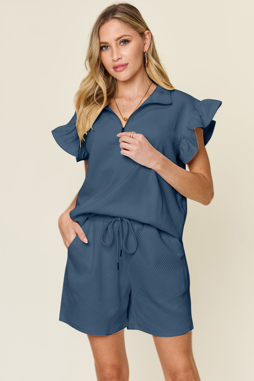 Double Take Texture Flounce Sleeve Top and Drawstring Shorts Set