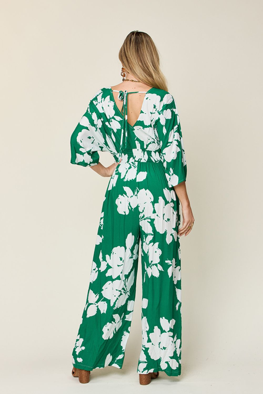 Double Take Printed Tie Back Wide Leg Jumpsuit