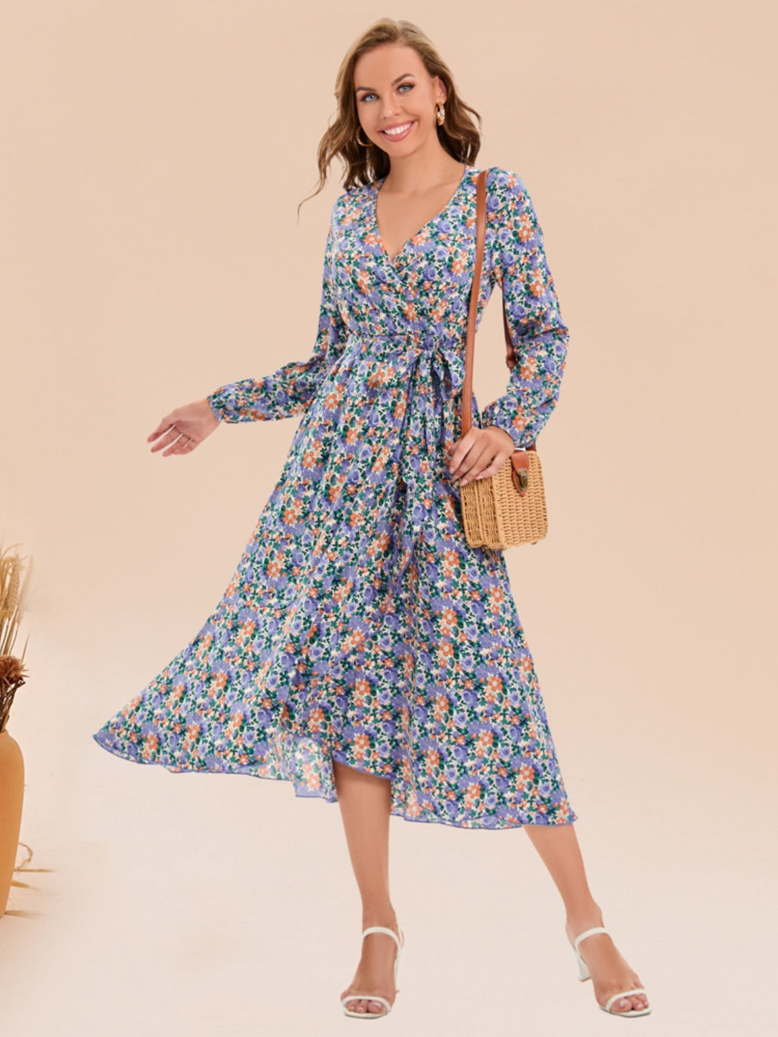 Printed Surplice Long Sleeve Dress