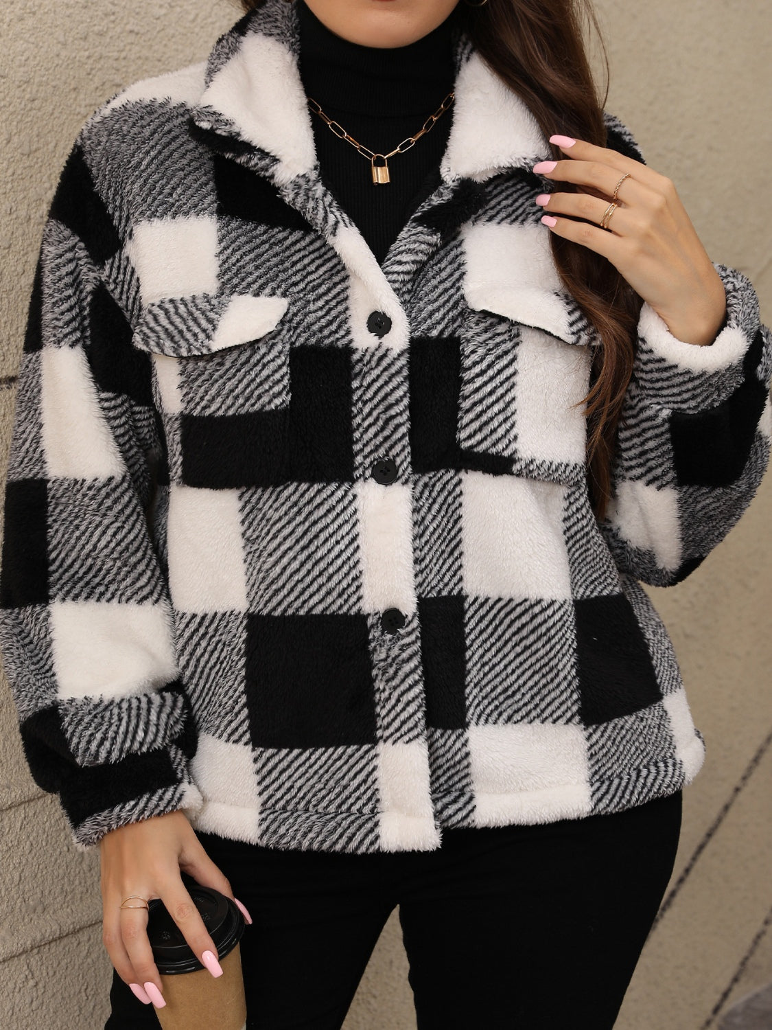 Pocketed Plaid Collared Neck Jacket