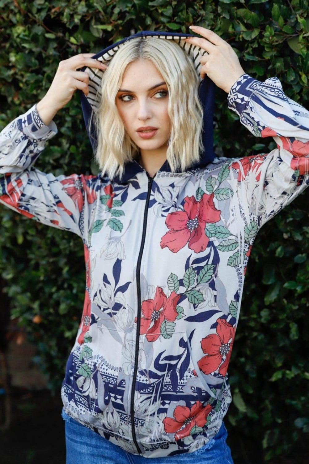 Tasha Apparel Floral Zip Up Hoodie