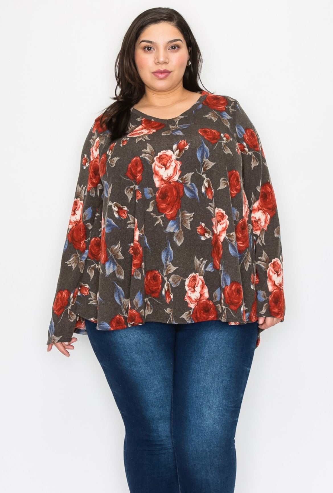 Joy gray red floral v neck swing top