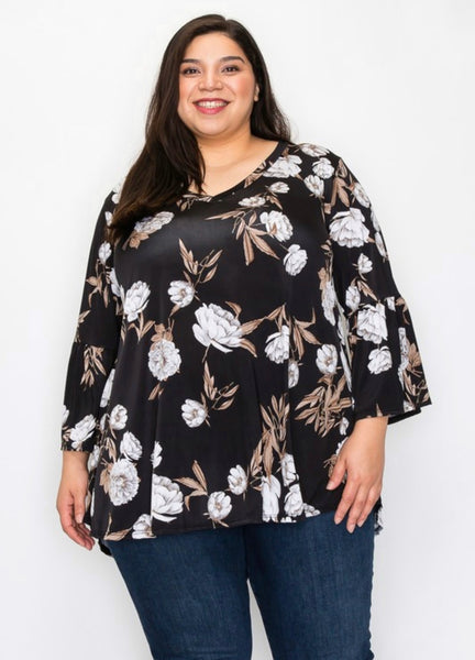 Kaylin black floral ruffle sleeve top
