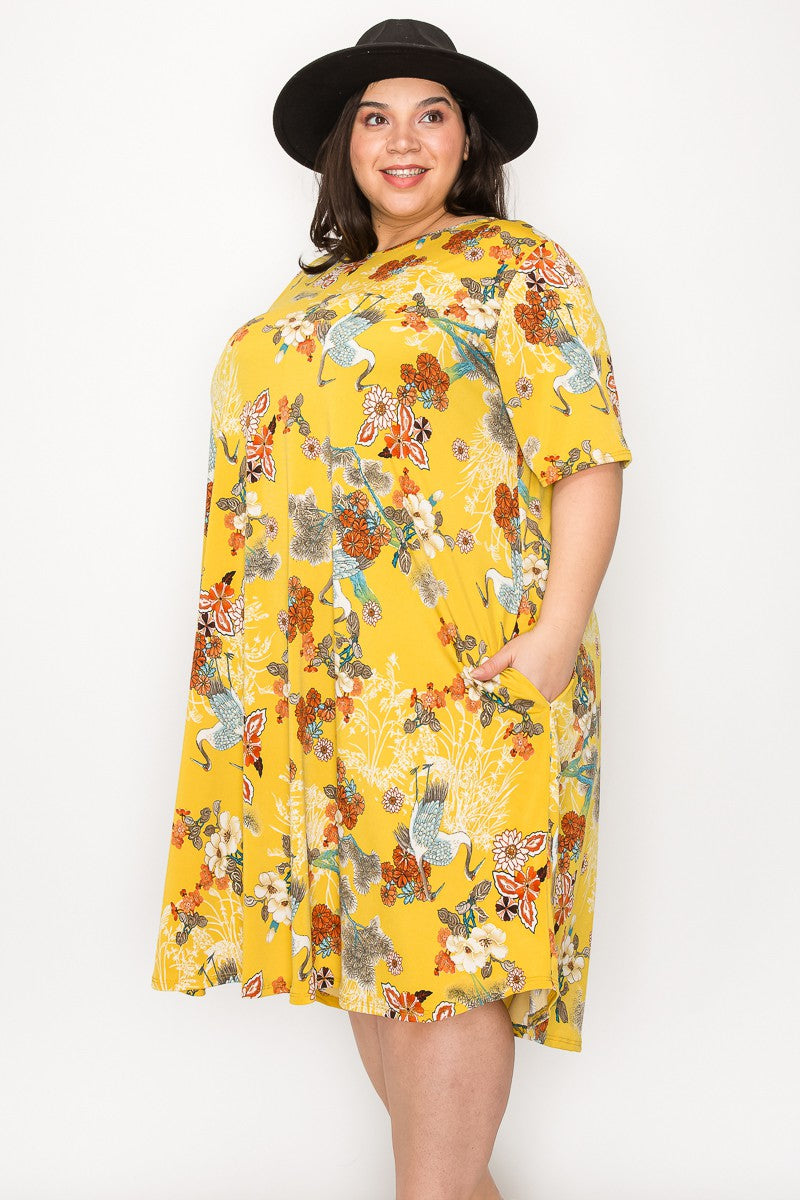 Carla yellow print short sleeve dress with pockets 9