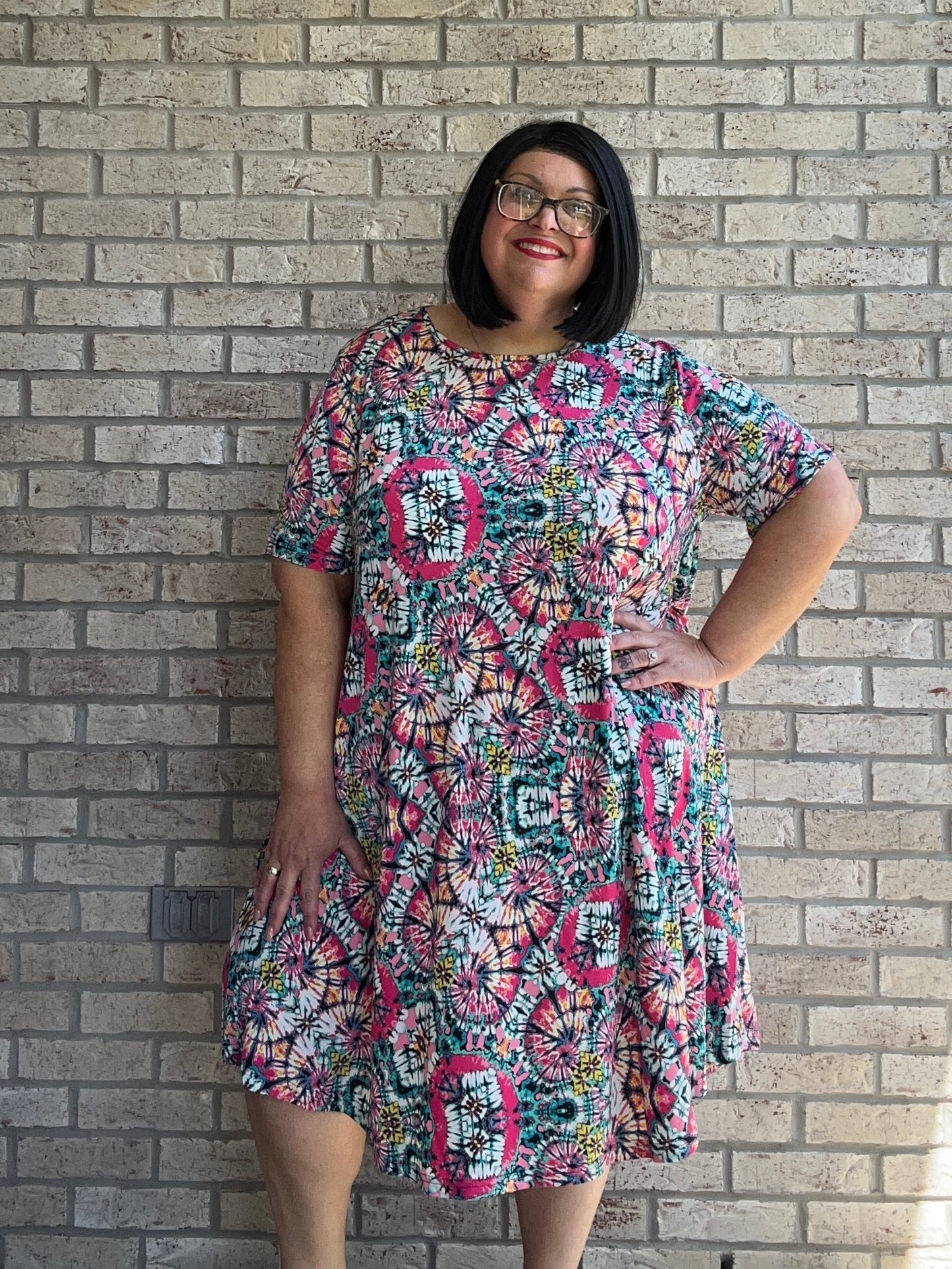 Claudine pink teal print short sleeve dress with pockets 18