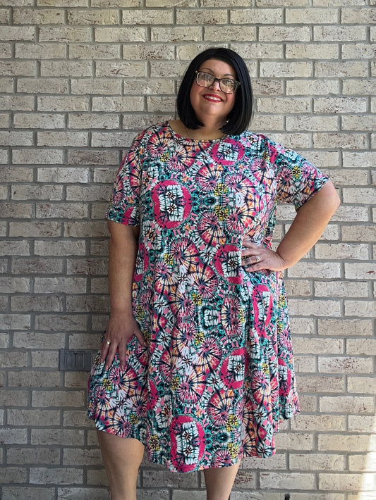 Claudine pink teal print short sleeve dress with pockets 18