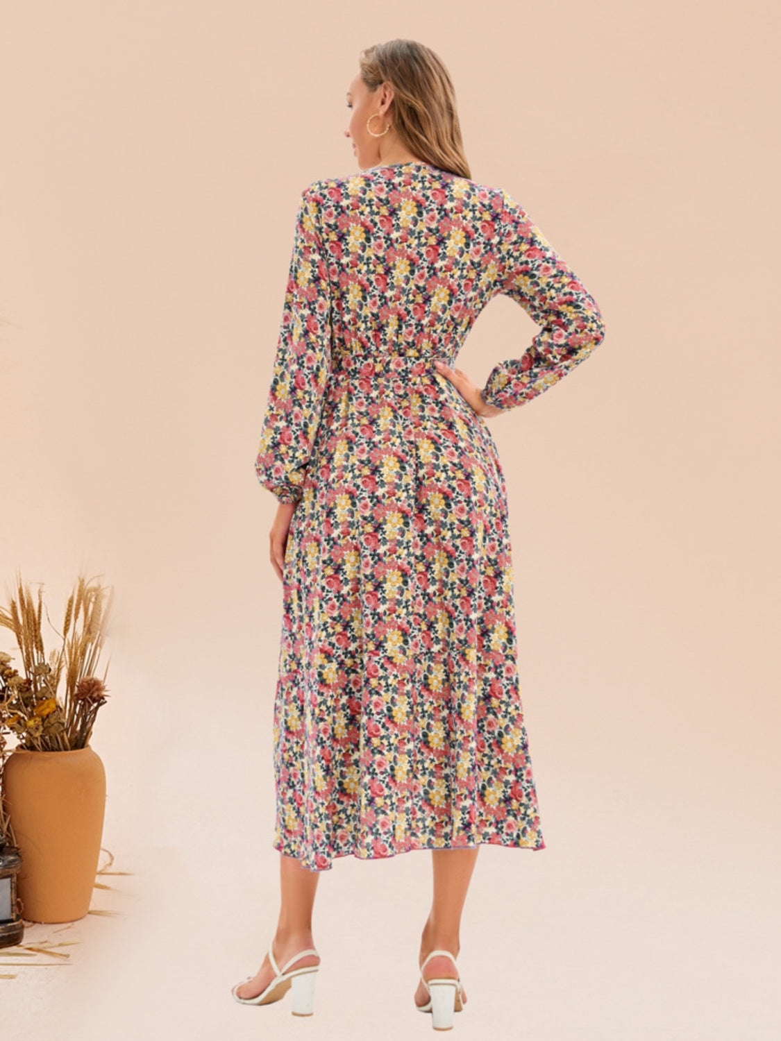 Printed Surplice Long Sleeve Dress