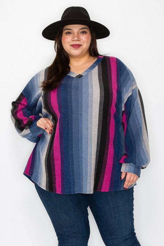 Carol blue striped print long sleeve top