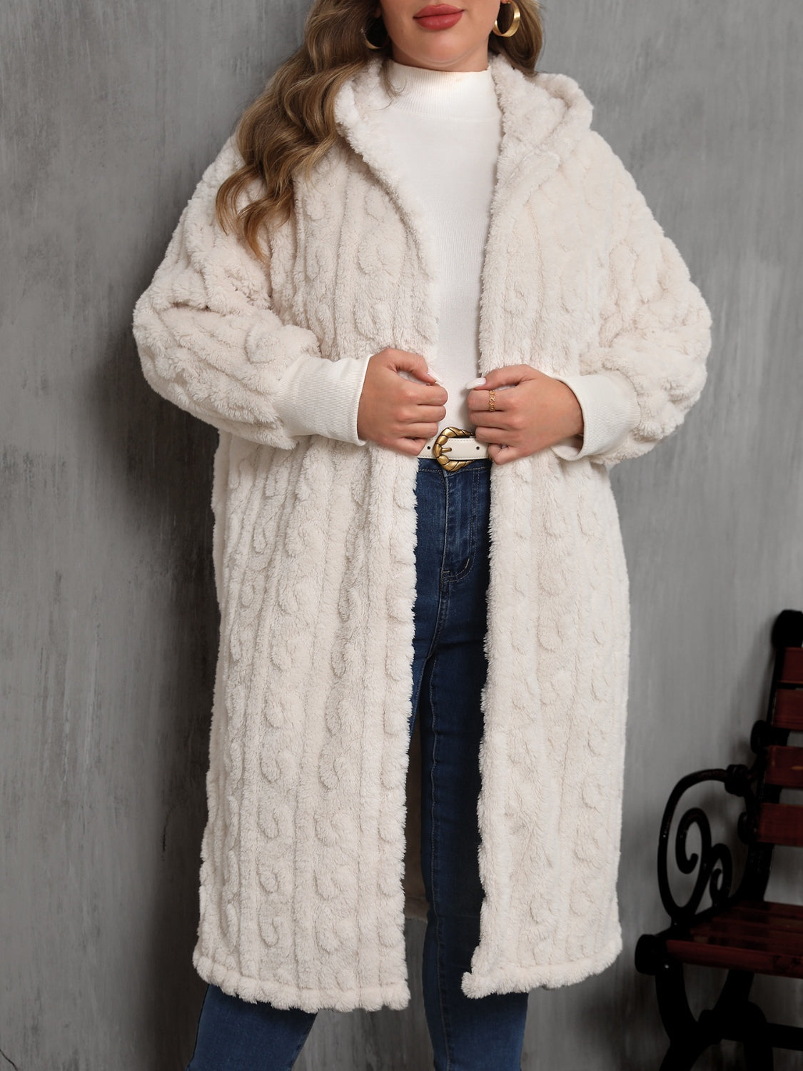 Open Front Hooded Plush Coat