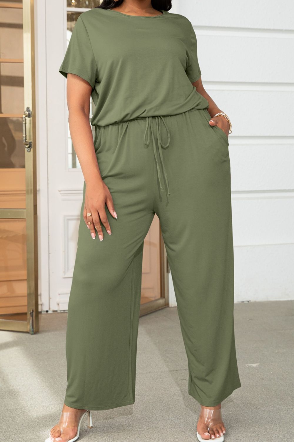 Drawstring Waist Short Sleeve Jumpsuit