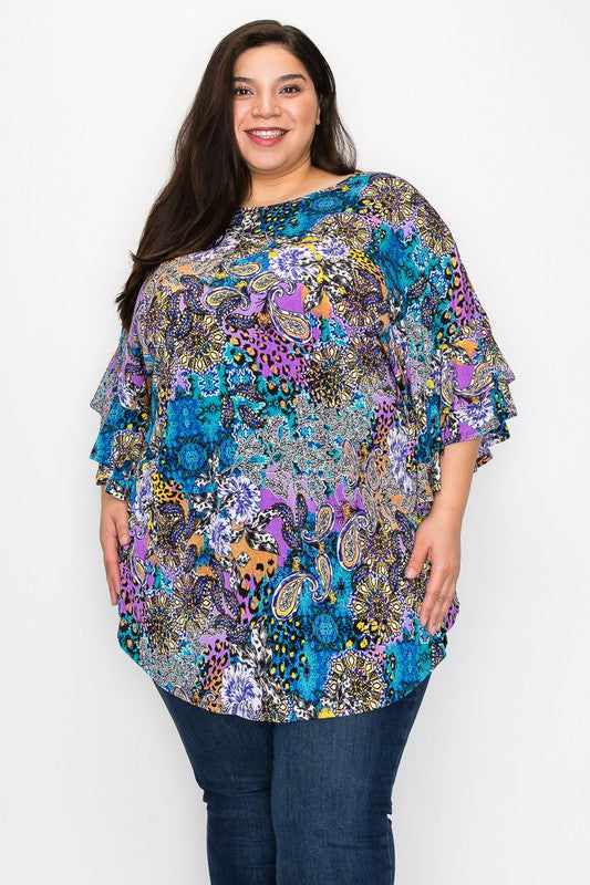 Erica purple print ruffle sleeve top