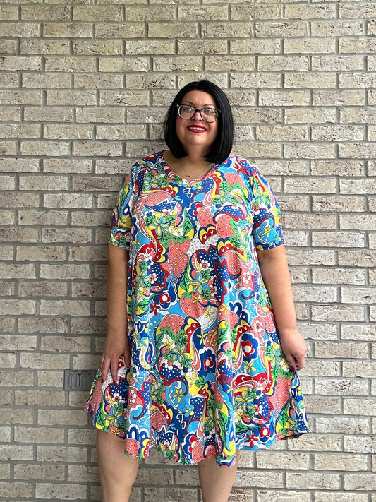 Claudine multi colored print short sleeve dress with pockets 10