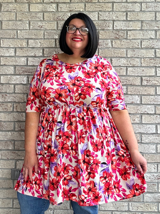 Joellene pink floral short sleeve babydoll top