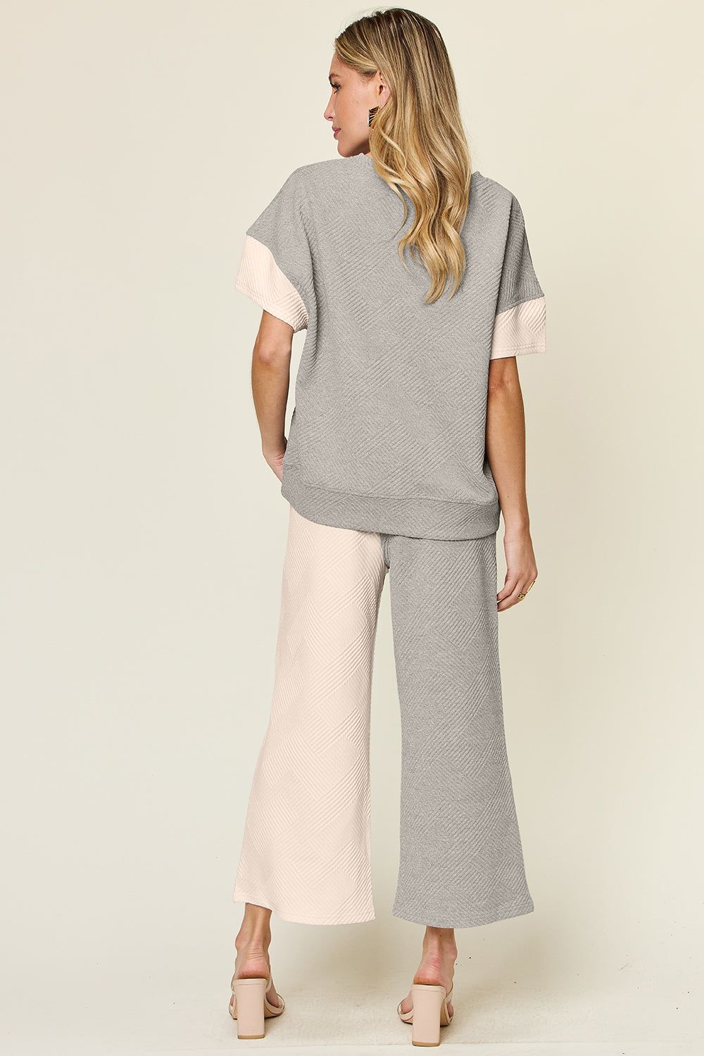 Double Take Texture Contrast T-Shirt and Wide Leg Pants Set
