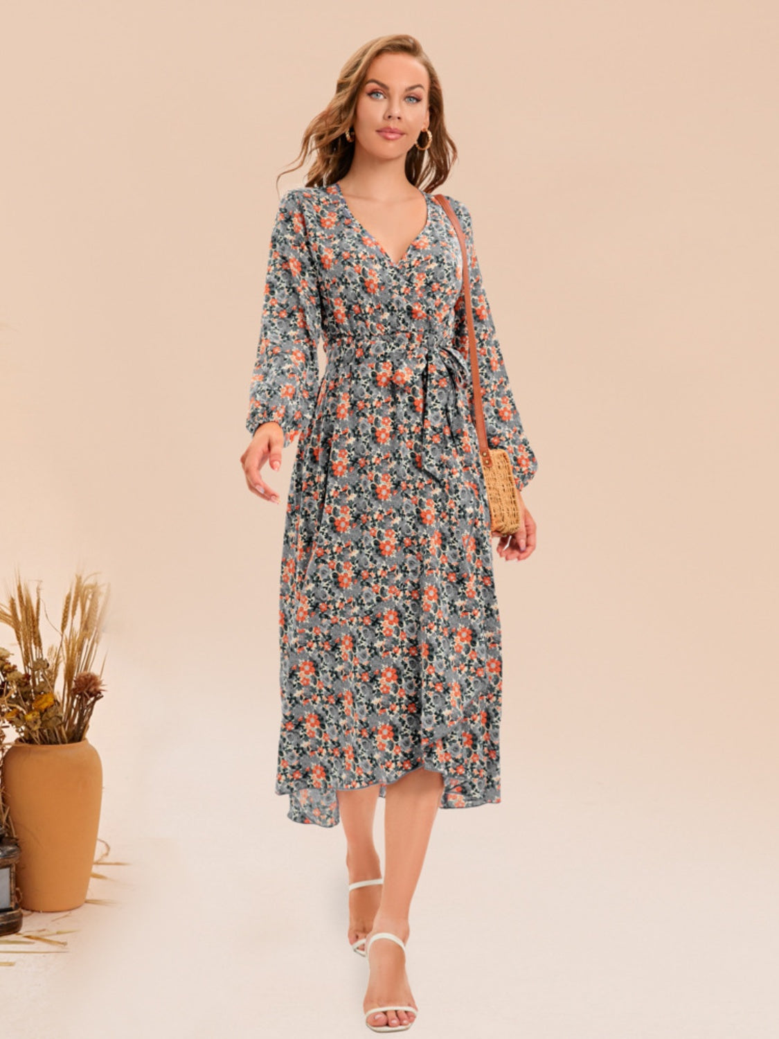 Printed Surplice Long Sleeve Dress