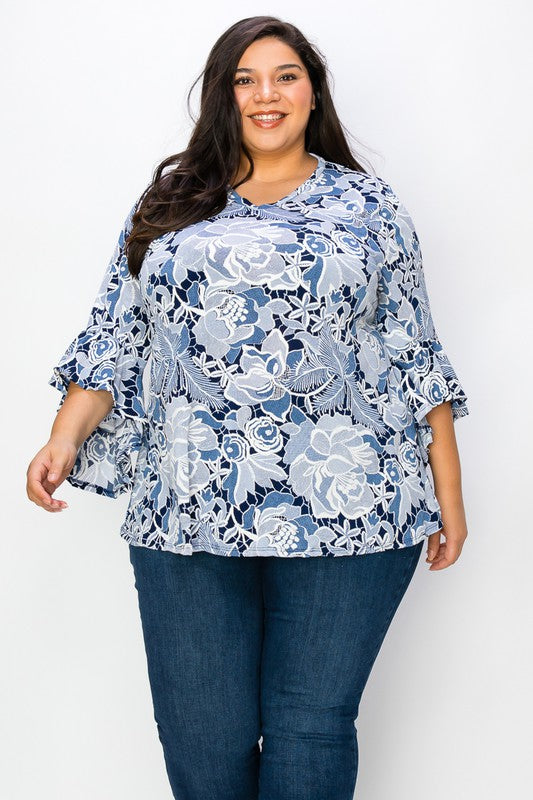 Kaylin blue floral ruffle sleeve top