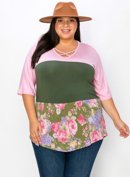Kelsey pink green floral colorblock crisscross top