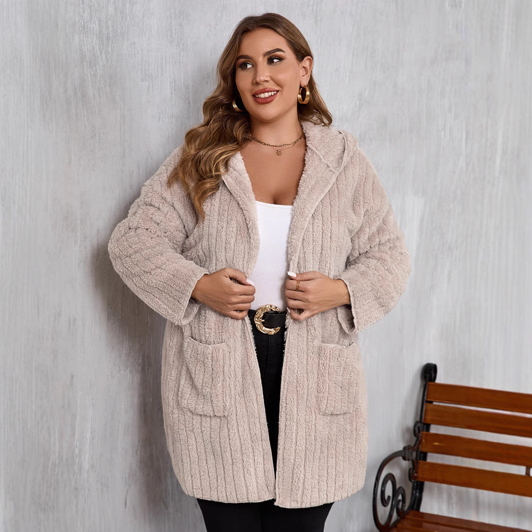 Open Front Long Sleeve Hooded Fuzzy Jacket