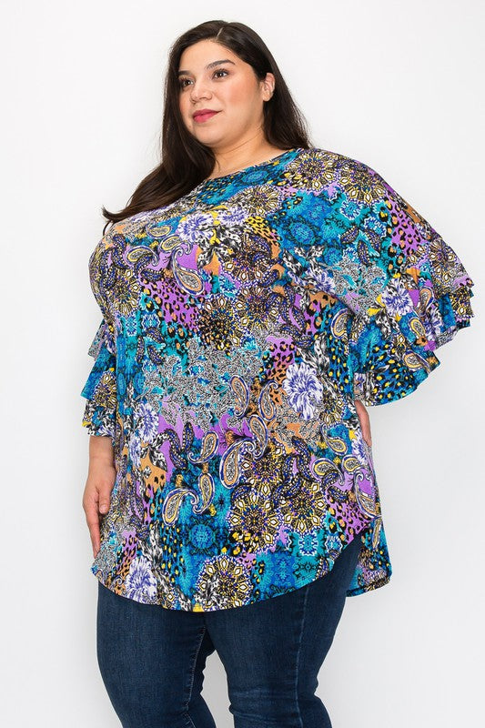 Erica purple print ruffle sleeve top