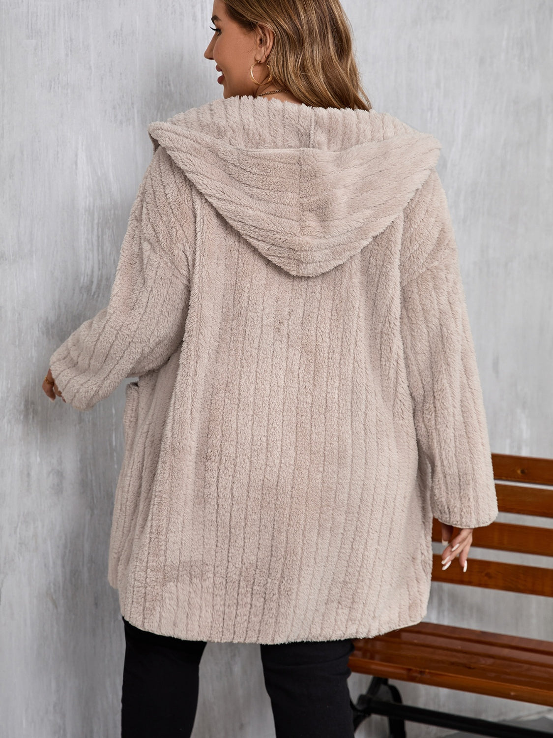 Open Front Long Sleeve Hooded Fuzzy Jacket